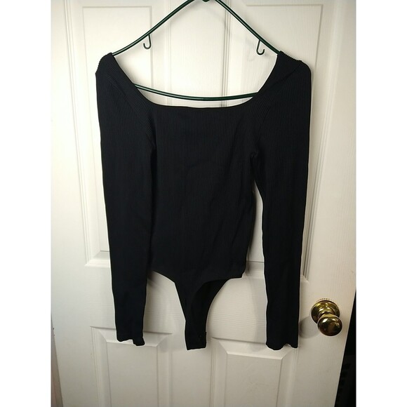 Pink Victoria Secret Woman M Black Long Sleeve Bodysuit Square Neck Ribbed - Picture 6 of 8